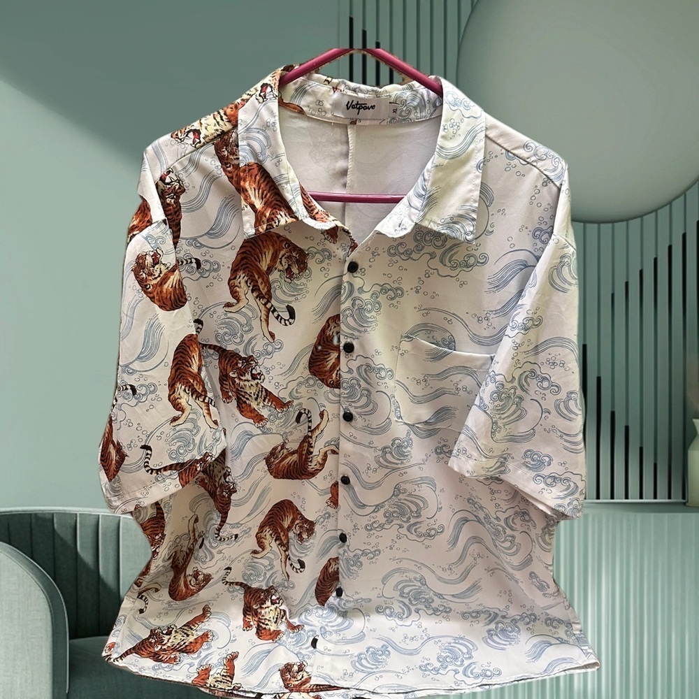 Vatpave White Tiger Print Shirt size XL